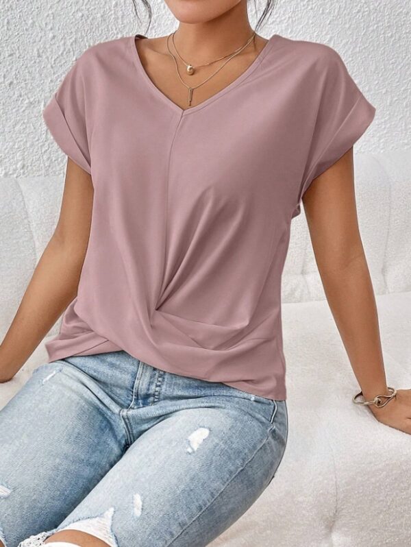 Fashion V-neck Short-sleeve T-shirt Summer Casual Irregular Knot Top For Women Clothing - Image 7